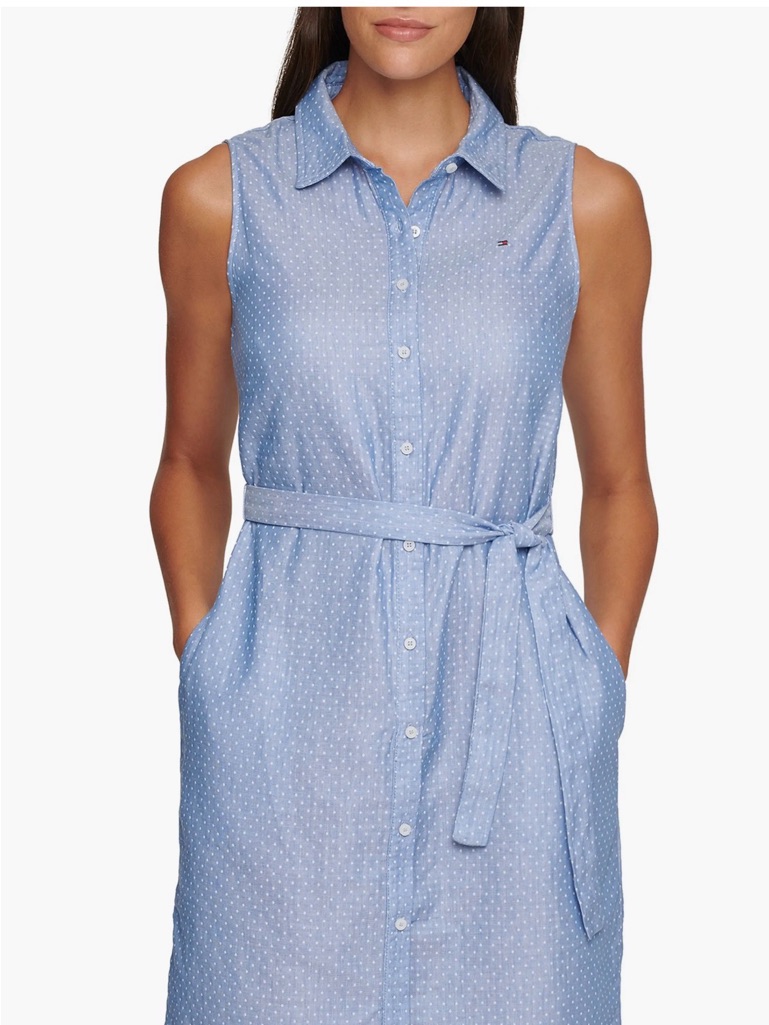 Tommy Hilfiger Blue Dotted Chambray Sleeveless Shirtdress. Size 8 Nwt